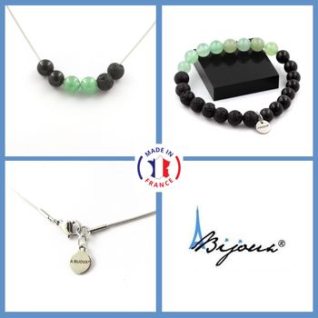 Parure bijoux Bracelet Collier Perles Aventurine + Lave + Obsidienne noire 8 mm. Chaine en acier inoxydable.