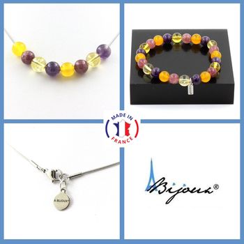Parure bijoux Bracelet Collier perles Agate jaune + Lépidolite + Citrine + Améthyste 8 mm. Chaine en acier inoxydable.