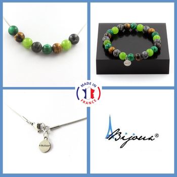 Jewelry set Bracelet Necklace Tiger's Eye + Peridot + Labradorite + Malachite beads 8 mm. Stainless steel chain.