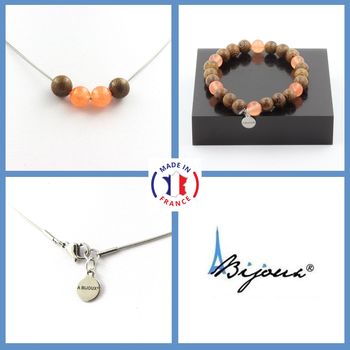 Parure bijoux Bracelet Collier perles bois + Calcédoine orange 8 mm. Chaine en acier inoxydable.