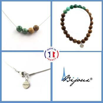 Parure bijoux Bracelet Collier perles Mica vert de Tanzanie + bois 8 mm. Chaine en acier inoxydable.