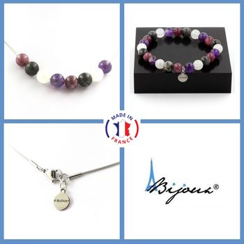 Parure bijoux Bracelet Collier perles Lépidolite + Labradorite + Pierre de Lune + Améthyste 8 mm. Chaine en acier inoxydable.