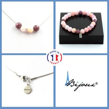 Parure bijoux Bracelet Collier perles Lépidolite + Opale Rose 8 mm. Chaine en acier inoxydable.