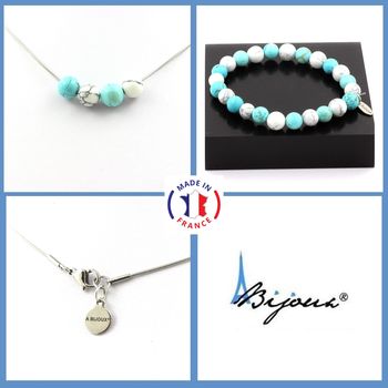 Parure bijoux Bracelet Collier perles Turquoise + Howlite 8 mm. Chaine en acier inoxydable.