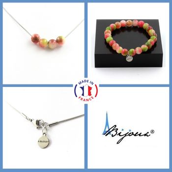 Parure bijoux Bracelet Collier 4 perles Tourmaline melon d'eau 8 mm. Chaine en acier inoxydable.