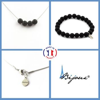 Parure bijoux Bracelet Collier 4 perles Onyx noir mat 8 mm. Chaine en acier inoxydable.