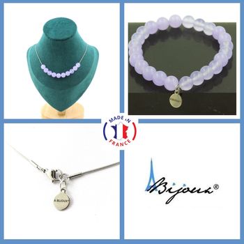 Parure bijoux Bracelet Collier 10 Perles Calcédoine lavande 8 mm. Chaine en acier inoxydable.