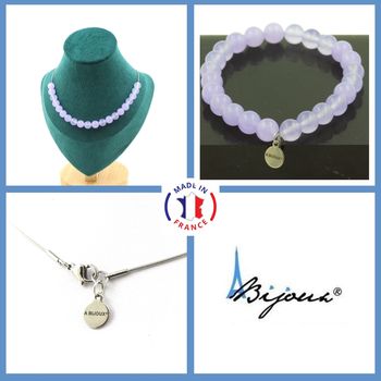 Parure bijoux Bracelet Collier 20 Perles Calcédoine lavande 8 mm. Chaine en acier inoxydable.