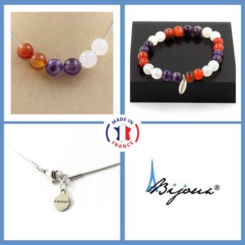 Parure bijoux Bracelet Collier perles Agate rubanée + Améthyste + Pierre de lune 8 mm. Chaine en acier inoxydable.