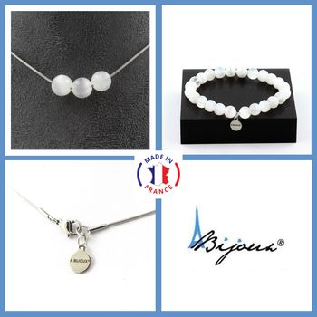 Parure Bracelet Collier 3 perles Selenite du Maroc 8 mm. Chaine en acier inoxydable.