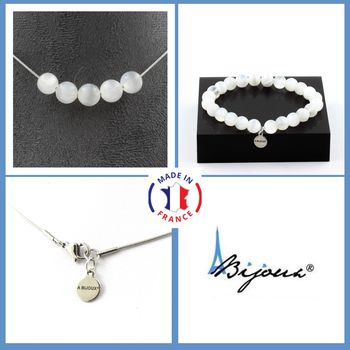 Parure Bracelet Collier 5 perles Selenite du Maroc 8 mm. Chaine en acier inoxydable.