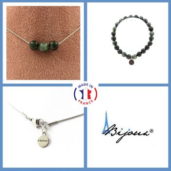 Parure bijoux Bracelet Collier 3 Perles Seraphinite de Russie 8 mm. Chaine en acier inoxydable.