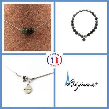 Parure bijoux Bracelet Collier 2 Perles Seraphinite de Russie 8 mm. Chaine en acier inoxydable.