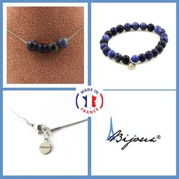 Parure bijoux Bracelet Collier 4 Perles Sodalite 8 mm. Chaine en acier inoxydable.