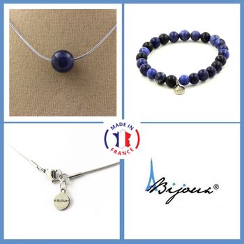 Parure bijoux Bracelet Collier 1 Perle Sodalite 8 mm. Chaine en acier inoxydable.