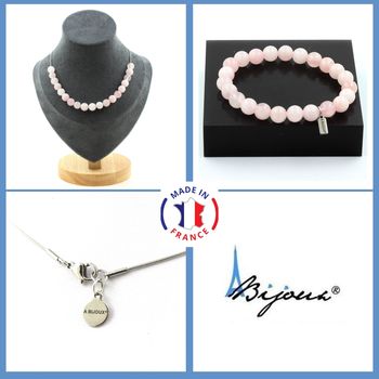 Parure bijoux Bracelet Collier 20 perles Quartz rose 8 mm. Chaine en acier inoxydable.