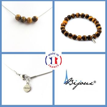 Parure bijoux Bracelet Collier 4 perles Oeil de Tigre 8 mm. Chaine en acier inoxydable.