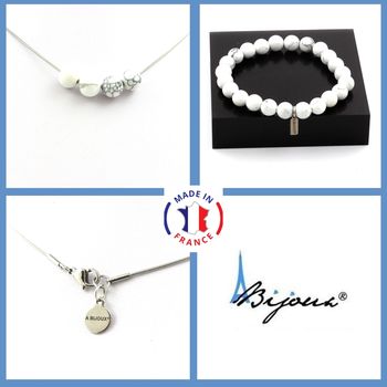Parure bijoux Bracelet Collier 4 perles Howlite 8 mm. Chaine en acier inoxydable.