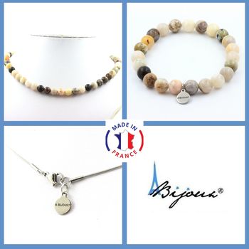 Parure bijoux Bracelet Collier perles Agate Feuille de Bambou 8 mm. Chaine en acier inoxydable.