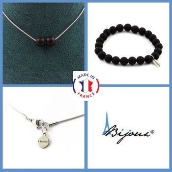 Parure bijoux Bracelet Collier 2 perles Onyx noir mat 8 mm. Chaine en acier inoxydable.