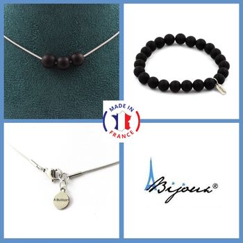 Parure bijoux Bracelet Collier 3 perles Onyx noir mat 8 mm. Chaine en acier inoxydable.