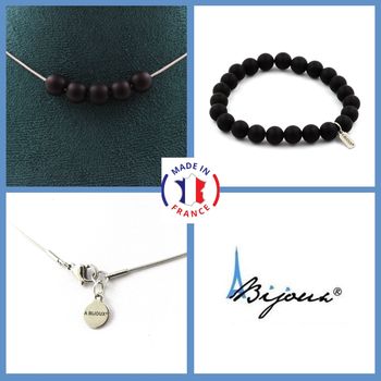 Parure bijoux Bracelet Collier 5 perles Onyx noir mat 8 mm. Chaine en acier inoxydable.