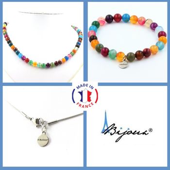 Parure bijoux Bracelet Collier perles Agate rubanée multicolore 8 mm. Chaine en acier inoxydable.
