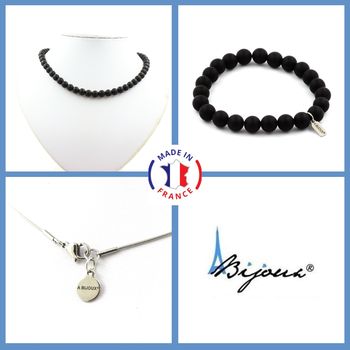 Parure bijoux Bracelet Collier perles Onyx noir mat 8 mm. Chaine en acier inoxydable.