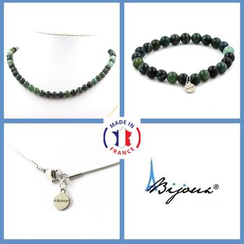 Parure bijoux Bracelet Collier perles Agate mousse 8 mm. Chaine en acier inoxydable.