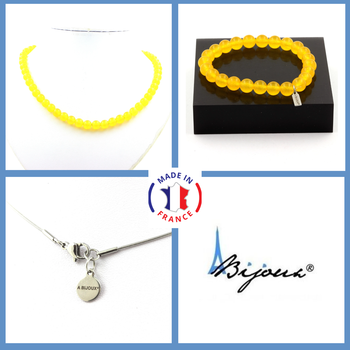 Parure bijoux Bracelet Collier perles Agate jaune 8 mm. Chaine en acier inoxydable.