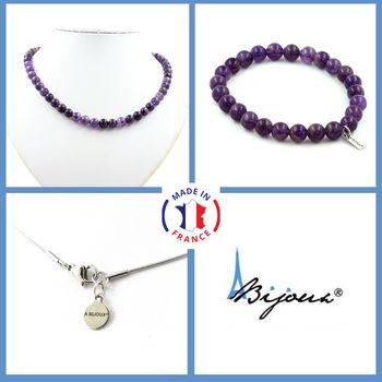 Parure bijoux Bracelet Collier perles Améthyste 8 mm. Chaine en acier inoxydable.
