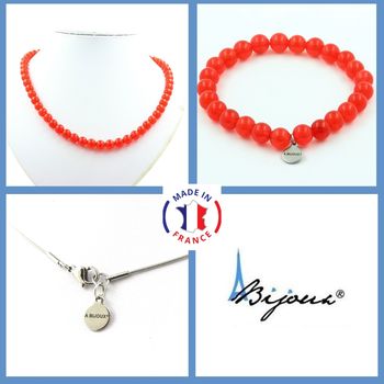 Parure bijoux Bracelet Collier perles Calcédoine rouge 8 mm. Chaine en acier inoxydable.