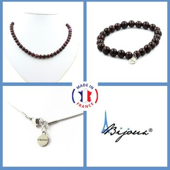 Parure bijoux Bracelet Collier perles Grenat 8 mm. Chaine en acier inoxydable.