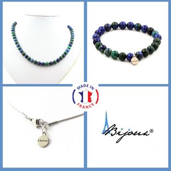 Parure bijoux Bracelet Collier perles Azurite Chrysocolle 8 mm. Chaine en acier inoxydable.