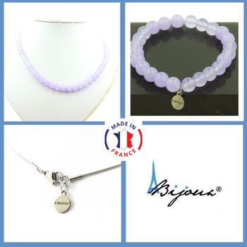 Parure bijoux Bracelet Collier perles Calcédoine lavande 8 mm. Chaine en acier inoxydable.