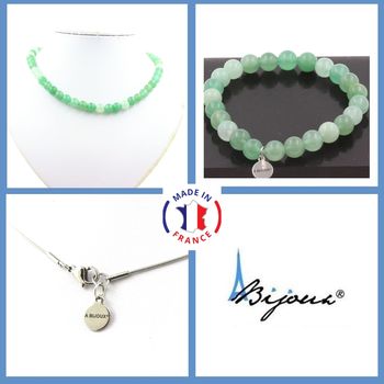 Parure bijoux Bracelet Collier perles Aventurine 8 mm. Chaine en acier inoxydable.