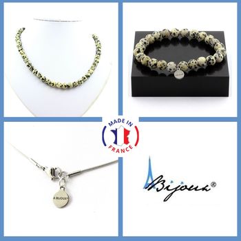 Parure bijoux Bracelet Collier perles Jaspe Dalmatien 8 mm. Chaine en acier inoxydable.