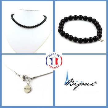 Parure bijoux Bracelet Collier perles Agate noire 8 mm. Chaine en acier inoxydable.