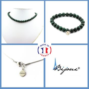 Parure bijoux Bracelet Collier perles Malachite du Congo qualité 7A 8 mm. Chaine en acier inoxydable.