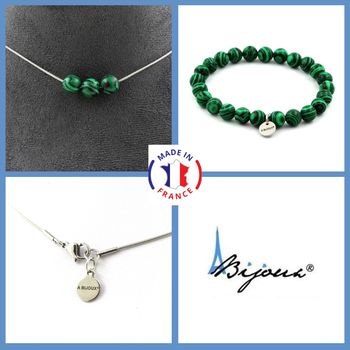 Parure bijoux Bracelet Collier 3 perles Malachite 8 mm. Chaine en acier inoxydable.