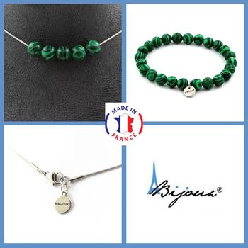 Parure bijoux Bracelet Collier 5 perles Malachite 8 mm. Chaine en acier inoxydable.