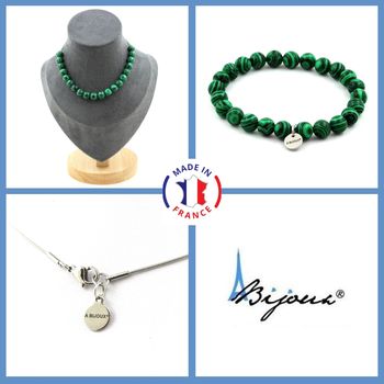 Parure bijoux Bracelet Collier 20 perles Malachite 8 mm. Chaine en acier inoxydable.