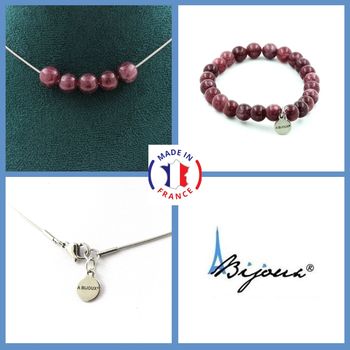 Jewelry set Bracelet Necklace Lepidolite 5 Beads 8 mm. Stainless steel chain.