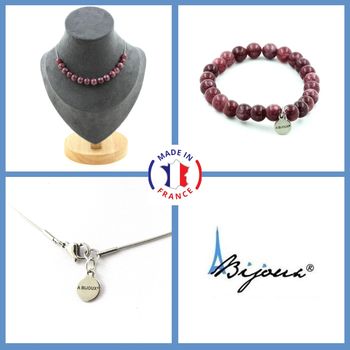 Parure bijoux Bracelet Collier 15 Perles Lépidolite 8 mm. Chaine en acier inoxydable.