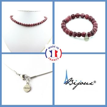 Parure bijoux Bracelet Collier Perles Lépidolite 8 mm. Chaine en acier inoxydable.