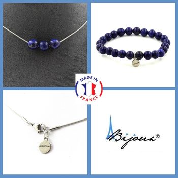 Parure bijoux Bracelet Collier 3 Perles Lapis Lazuli 8 mm. Chaine en acier inoxydable.