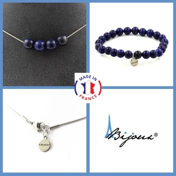 Parure bijoux Bracelet Collier 4 Perles Lapis Lazuli 8 mm. Chaine en acier inoxydable.