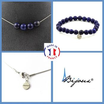 Jewelry set Bracelet Necklace Lapis Lazuli 5 Beads 8 mm. Stainless steel chain.