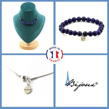 Parure bijoux Bracelet Collier 10 Perles Lapis Lazuli 8 mm. Chaine en acier inoxydable.