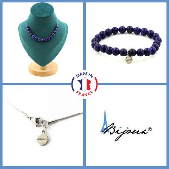 Parure bijoux Bracelet Collier 15 Perles Lapis Lazuli 8 mm. Chaine en acier inoxydable.